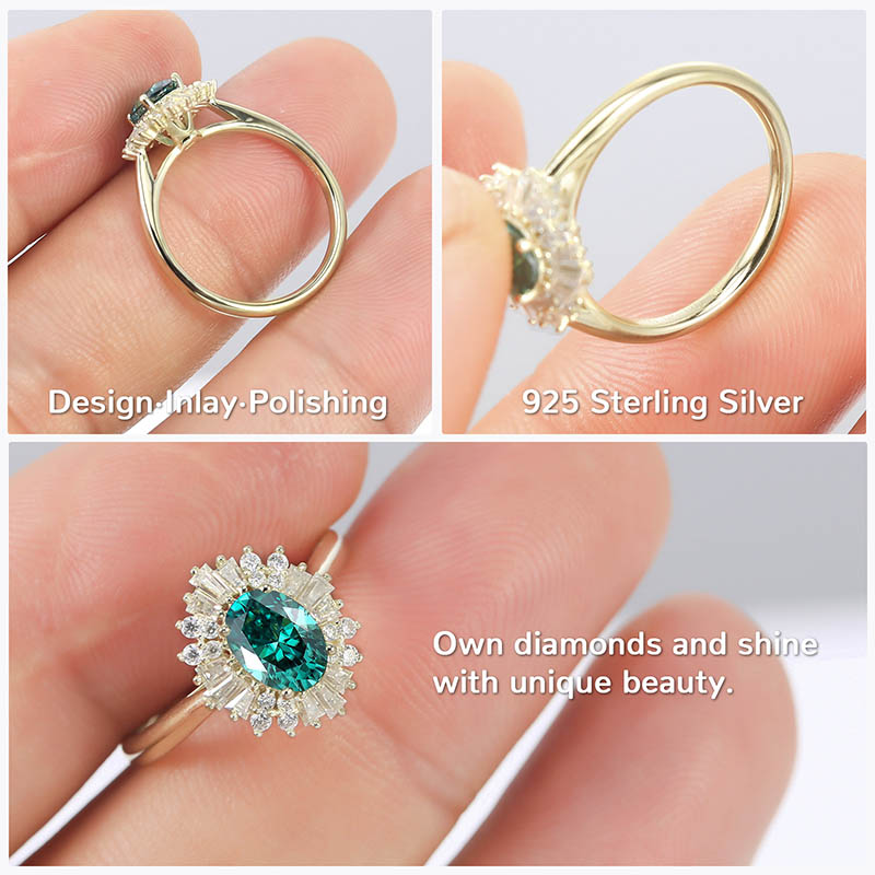 1.5CT Moissanite Engagement Ring for Women VVS1 Clarity Green Oval Cut Halo Moissanite Wedding Ring S925 Sterling Silver with 9K