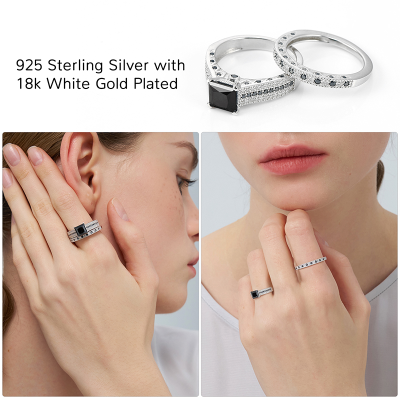 3CT Moissanite Wedding Ring Set for Women Black Asscher Cut D Color VVS1 Moissanite Bridal Set S925 Sterling Silver 18K