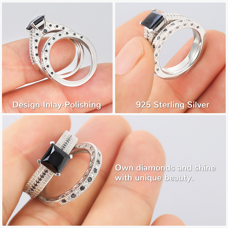 3CT Moissanite Wedding Ring Set for Women Black Asscher Cut D Color VVS1 Moissanite Bridal Set S925 Sterling Silver 18K