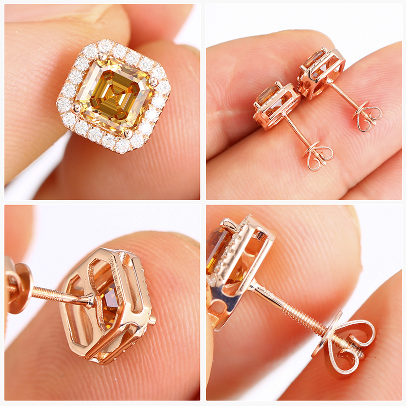 Moissanite Stud Earrings, 2.4CT 6mm Asscher Cut Brown Square D VVS1 Clarity Screw Back Halo Earrings S925 Sterling Silver with 18K Rose Gold Plated Hypoallergenic Earrings for Him/Her