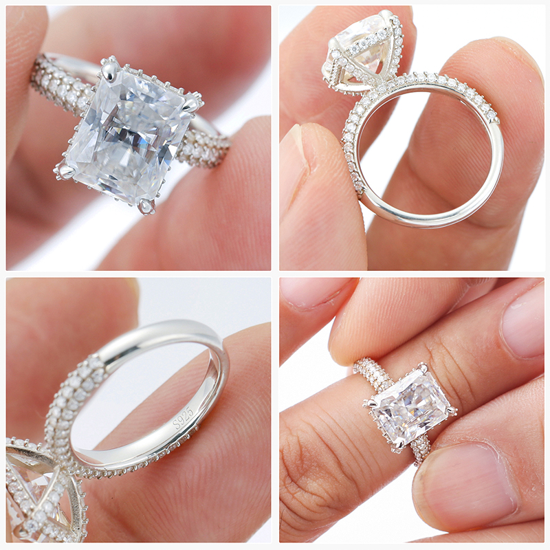 Moissanite Engagement Ring for Women VVS1 Clarity Asscher Cut Lab Created Diamond Wedding Band S925 Sterling Silver with 9K Gold