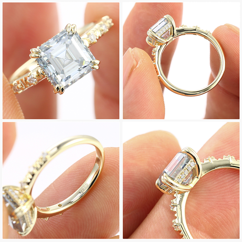 Moissanite Engagement Ring for Women VVS1 Clarity Asscher Cut Lab Created Diamond Wedding Band S925 Sterling Silver with 9K Gold