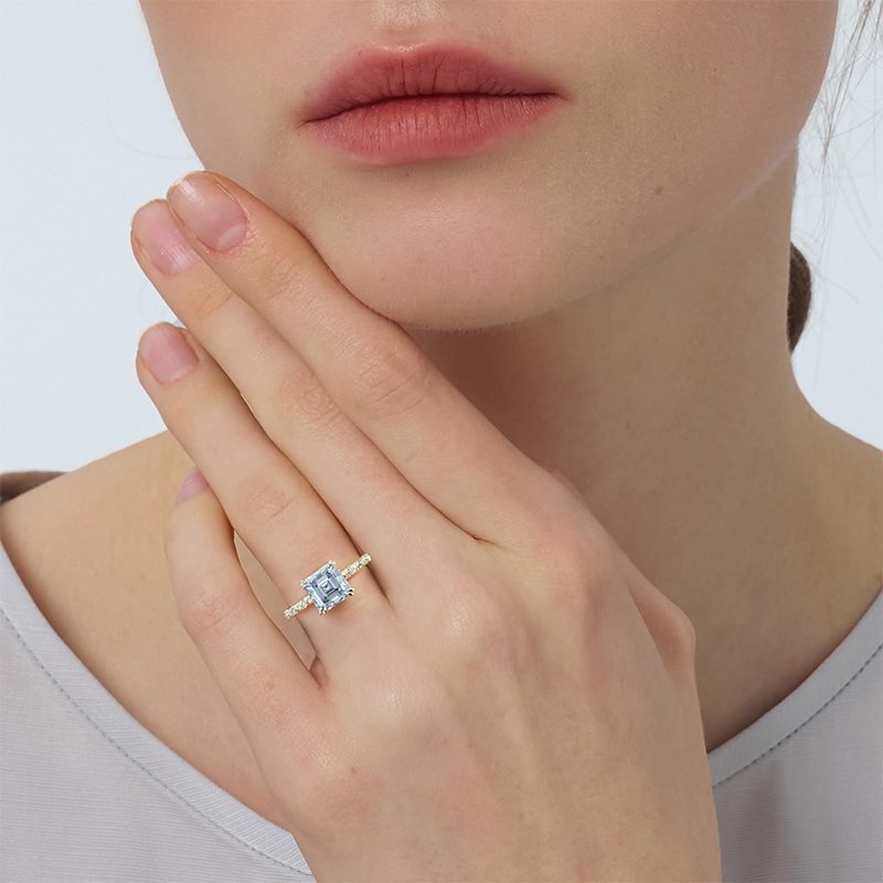 Moissanite Engagement Ring for Women VVS1 Clarity Asscher Cut Lab Created Diamond Wedding Band S925 Sterling Silver with 9K Gold