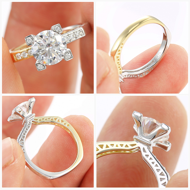 1.5 Carat Moissanite Engagement Rings for Women, Round Cut Solitaire 925 Sterling Silver with 9K Gold Plated Ring