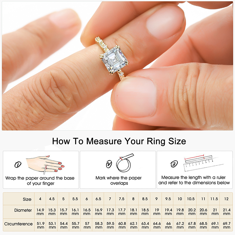 Moissanite Engagement Ring for Women VVS1 Clarity Asscher Cut Lab Created Diamond Wedding Band S925 Sterling Silver with 9K Gold