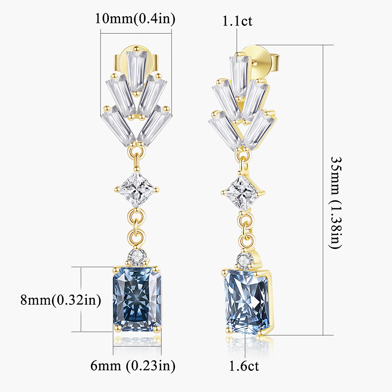 5.2CT Moissanite Dangle Drop Earrings for Women Radiant Cut Fancy Light Blue Color VVS1 Clarity Earrings S925 Sterling Silver with 9K Gold Plated Hypoallergenic Square Jewelry Ideal Gift for Her