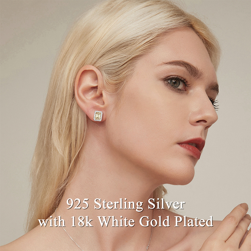 Champagne Moissanite Stud Earrings for Women, 925 Sterling Silver with 18K White Gold Plated, 1CT*2 Emerald Cut Halo Moissanite Flat Back Earrings for Women Jewelry Gifts