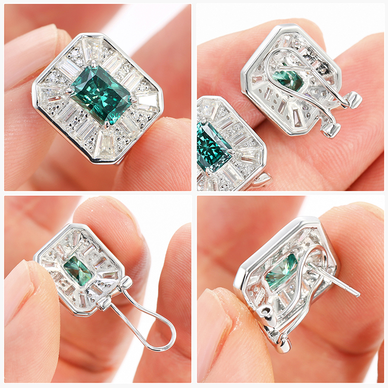 2CT Moissanite Earrings for Women Radiant Cut Fancy Deep Green Color VVS1 Clarity S925 Sterling Silver with 18K Gold Plated Hypoallergenic Earrings Ideal Gift for Her
