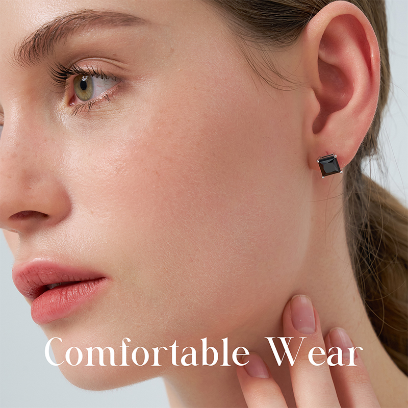 4CT Moissanite Black Stud Earrings, Princess Cut 7mm D Color VVS1 Clarity Screw Back Earrings S925 Sterling Silver with 18K White Gold Plated Hypoallergenic Square Earrings for Him/Her