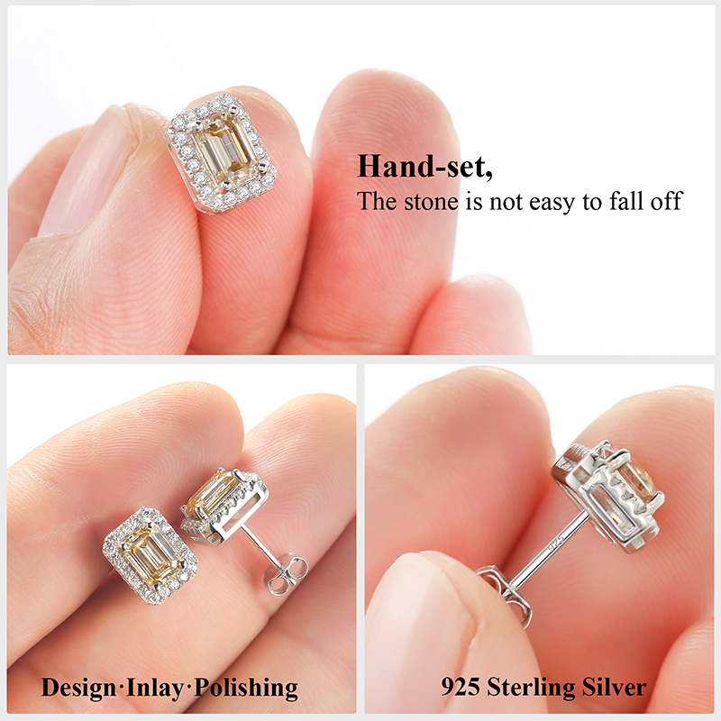 Champagne Moissanite Stud Earrings for Women, 925 Sterling Silver with 18K White Gold Plated, 1CT*2 Emerald Cut Halo Moissanite Flat Back Earrings for Women Jewelry Gifts