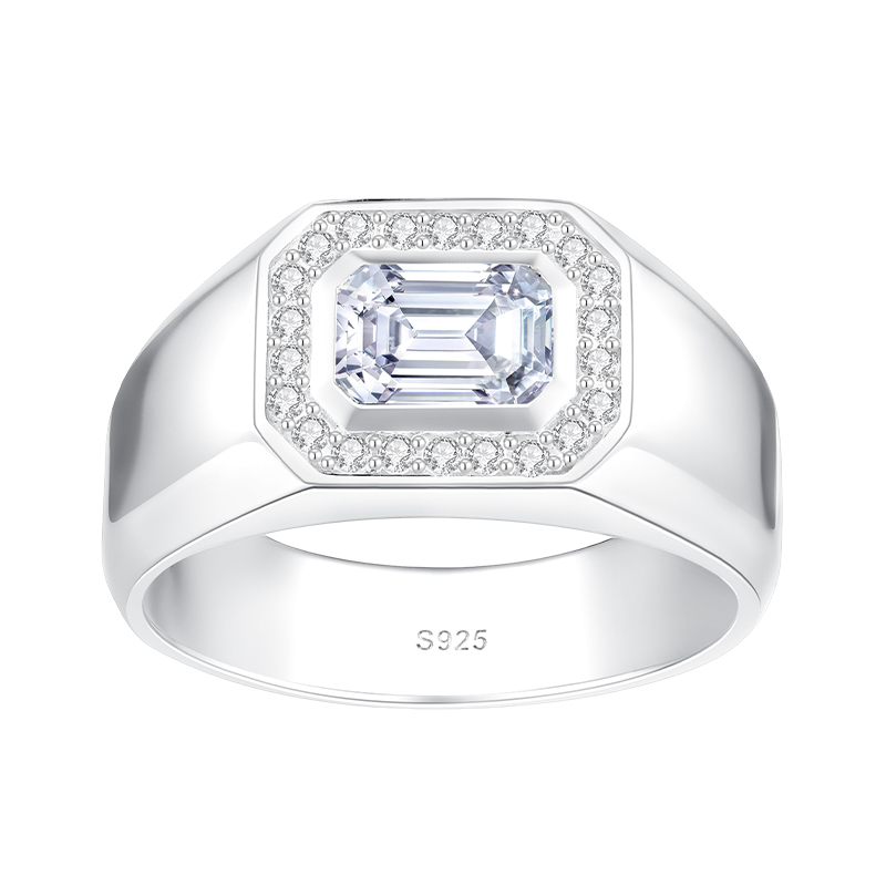 Moissanite Ring for Men, 1.2CT D Color VVS1 Clarity Emerald Cut Vintage Engagement Ring S925 Sterling Silver with 18K White Go