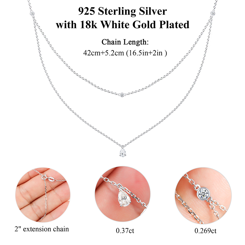 Moissanite Lariat Choker Necklace for Women 925 Sterling Silver 18K White Gold Plated Hypoallergenic Double Layer Pendant