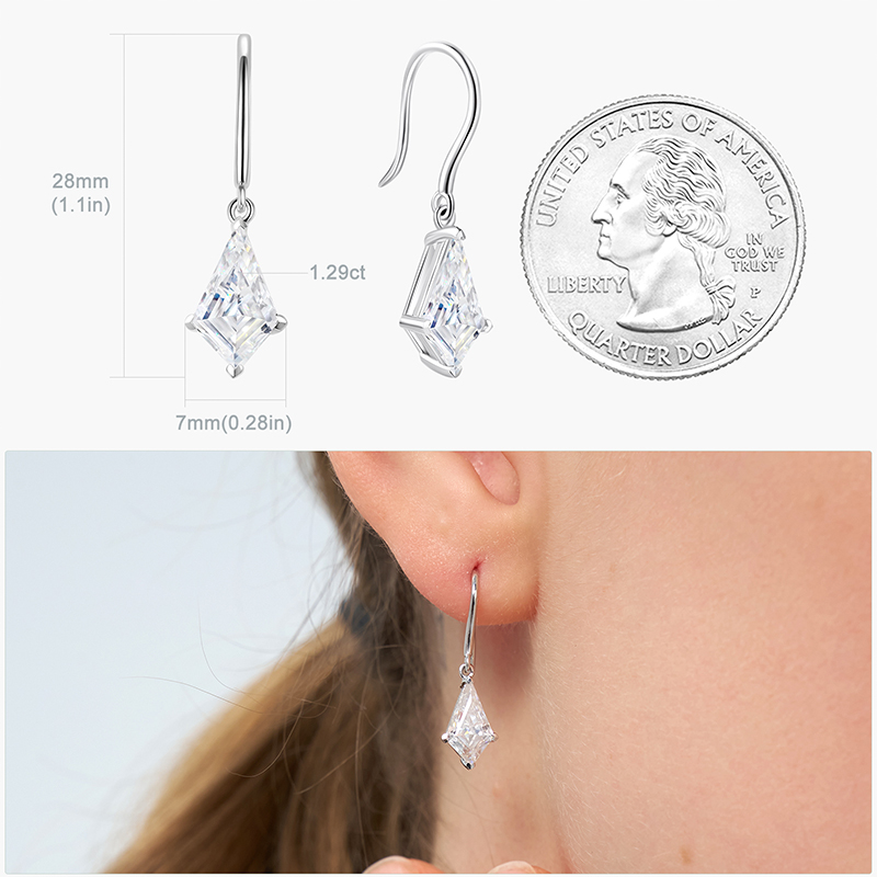 Moissanite Dangle Drop Earrings for Women,2.6CT Kite Cut D Color VVS1 S925 Sterling Silver Hook Earring with 18K White Gold Plated Hypoallerge Dangle Drop Earring