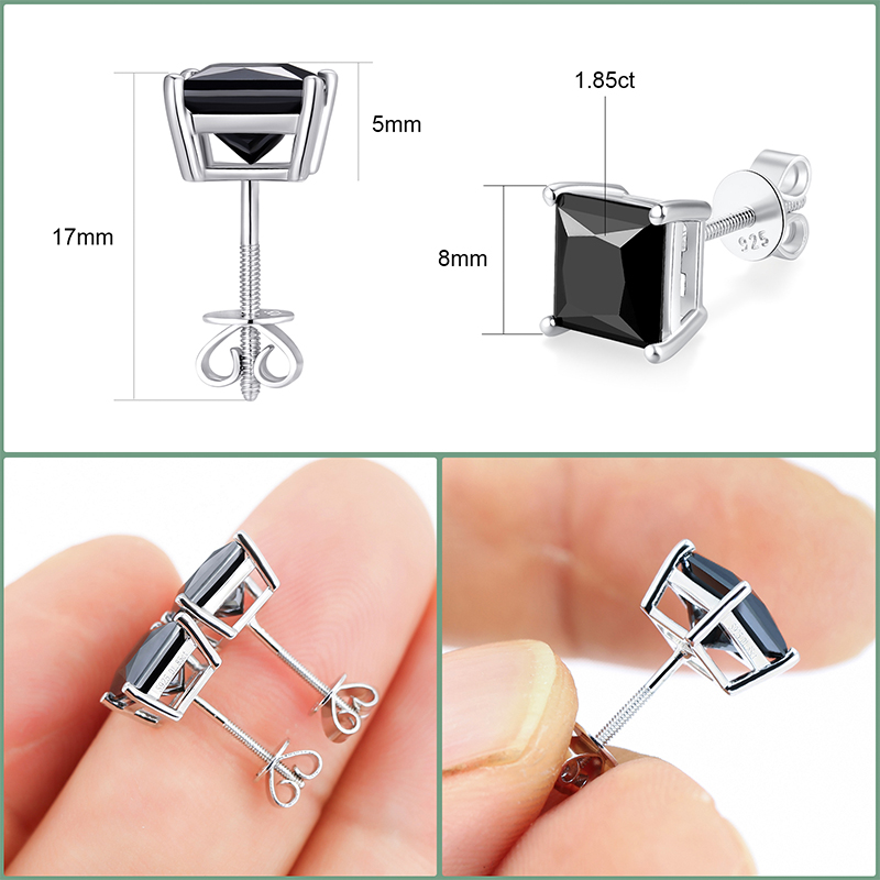4CT Moissanite Black Stud Earrings, Princess Cut 7mm D Color VVS1 Clarity Screw Back Earrings S925 Sterling Silver with 18K White Gold Plated Hypoallergenic Square Earrings for Him/Her