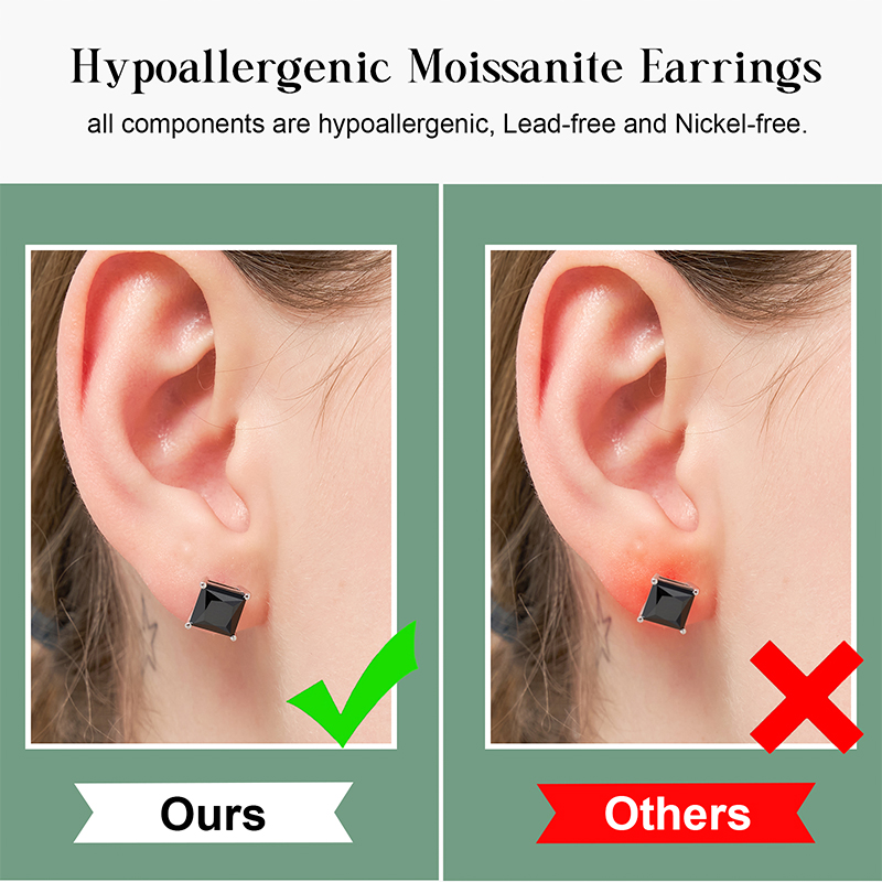 4CT Moissanite Black Stud Earrings, Princess Cut 7mm D Color VVS1 Clarity Screw Back Earrings S925 Sterling Silver with 18K White Gold Plated Hypoallergenic Square Earrings for Him/Her