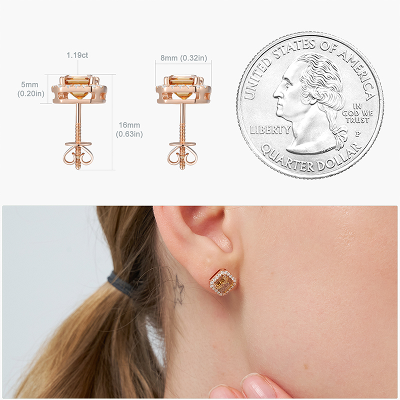 Moissanite Stud Earrings, 2.4CT 6mm Asscher Cut Brown Square D VVS1 Clarity Screw Back Halo Earrings S925 Sterling Silver with 18K Rose Gold Plated Hypoallergenic Earrings for Him/Her