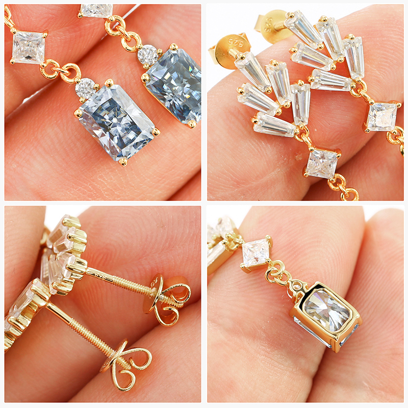 5.2CT Moissanite Dangle Drop Earrings for Women Radiant Cut Fancy Light Blue Color VVS1 Clarity Earrings S925 Sterling Silver with 9K Gold Plated Hypoallergenic Square Jewelry Ideal Gift for Her