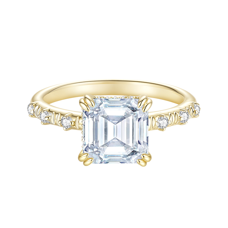 Moissanite Engagement Ring for Women VVS1 Clarity Asscher Cut Lab Created Diamond Wedding Band S925 Sterling Silver with 9K Gold