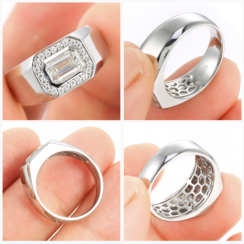 Moissanite Ring for Men, 1.2CT D Color VVS1 Clarity Emerald Cut Vintage Engagement Ring S925 Sterling Silver with 18K White Go