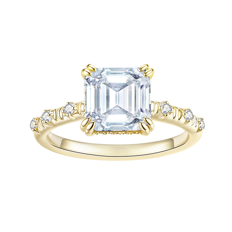 Moissanite Engagement Ring for Women VVS1 Clarity Asscher Cut Lab Created Diamond Wedding Band S925 Sterling Silver with 9K Gold