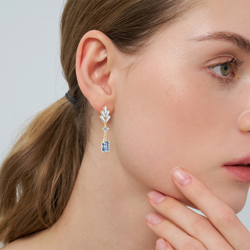 5.2CT Moissanite Dangle Drop Earrings for Women Radiant Cut Fancy Light Blue Color VVS1 Clarity Earrings S925 Sterling Silver with 9K Gold Plated Hypoallergenic Square Jewelry Ideal Gift for Her