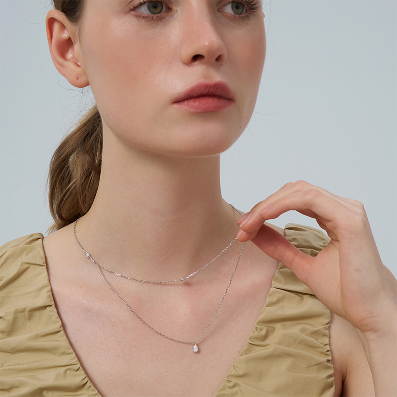 Moissanite Lariat Choker Necklace for Women 925 Sterling Silver 18K White Gold Plated Hypoallergenic Double Layer Pendant