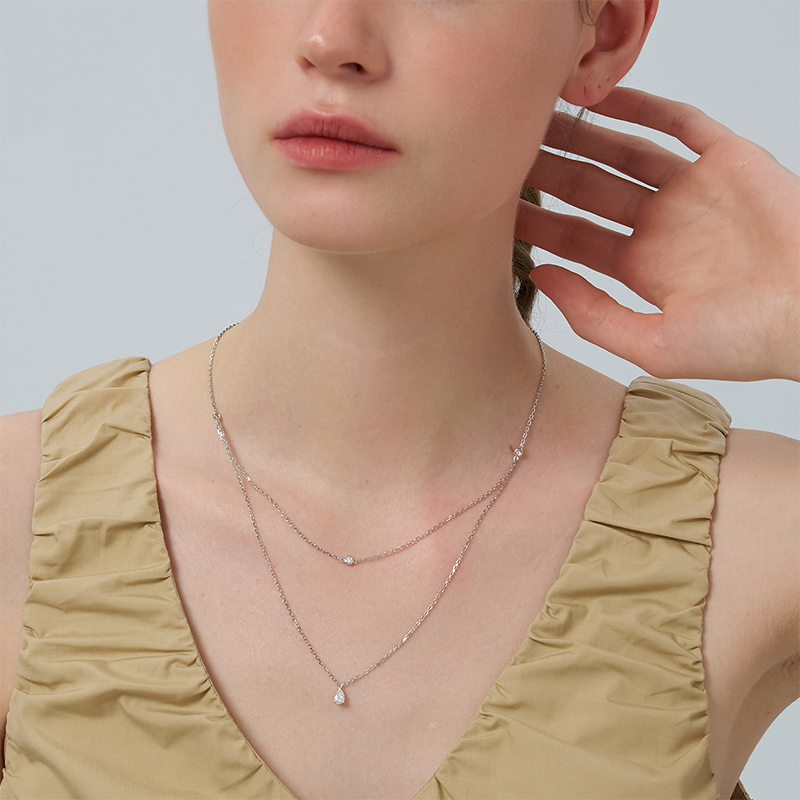 Moissanite Lariat Choker Necklace for Women 925 Sterling Silver 18K White Gold Plated Hypoallergenic Double Layer Pendant